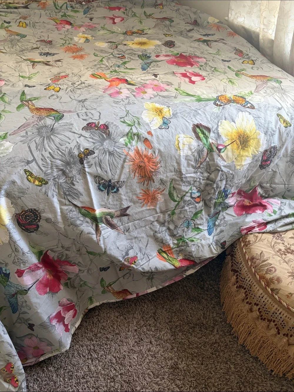 Pottery Barn Floral & Hummingbird Duvet Cover in Gray with Multicolor Accents